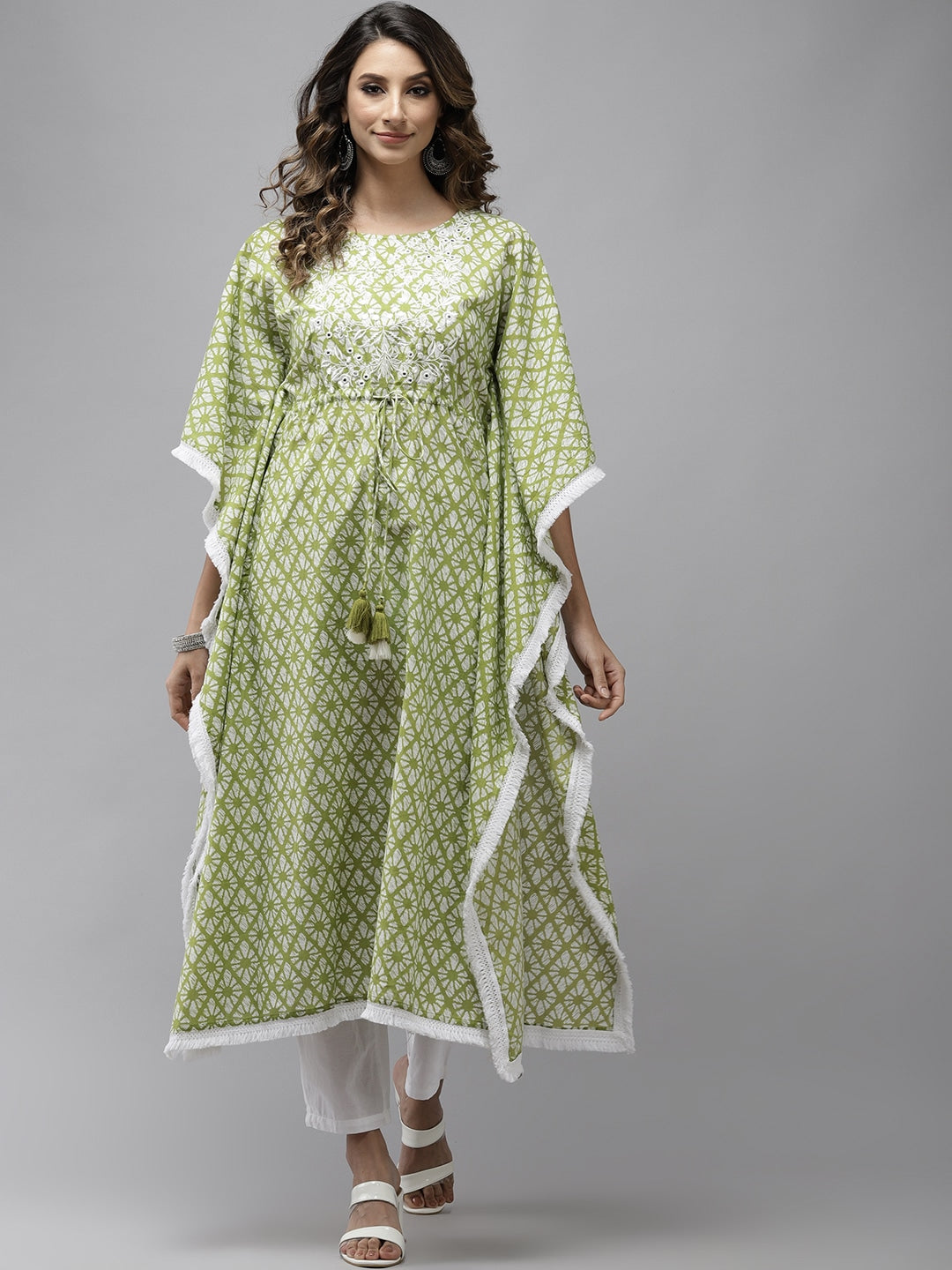 Lime Green Printed Kaftan Kurta-Yufta Store-9322KFTGRS