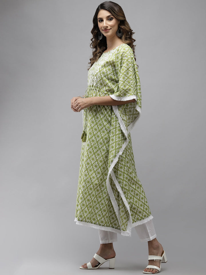 Lime Green Printed Kaftan Kurta-Yufta Store-9322KFTGRS