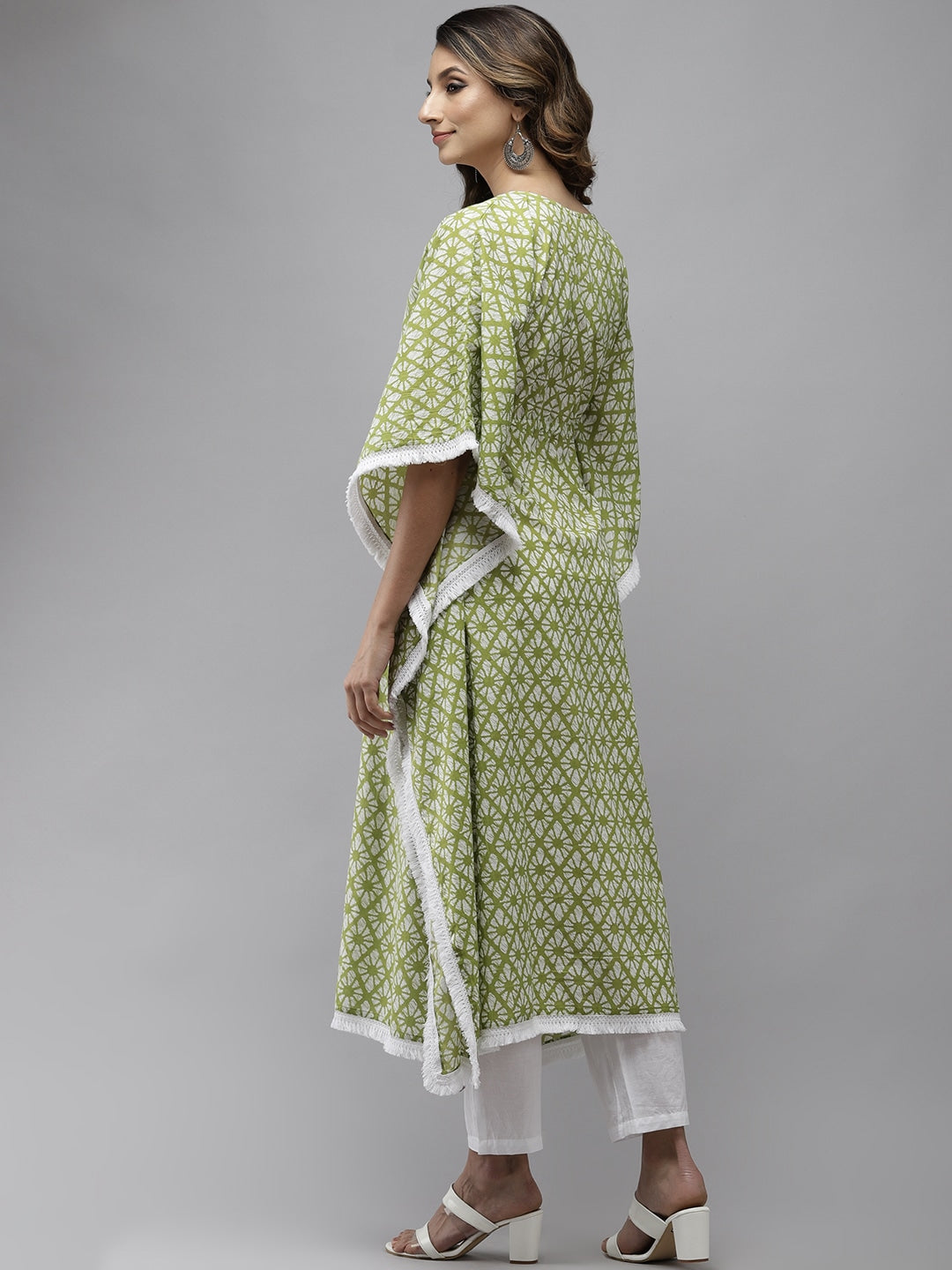 Lime Green Printed Kaftan Kurta-Yufta Store-9322KFTGRS