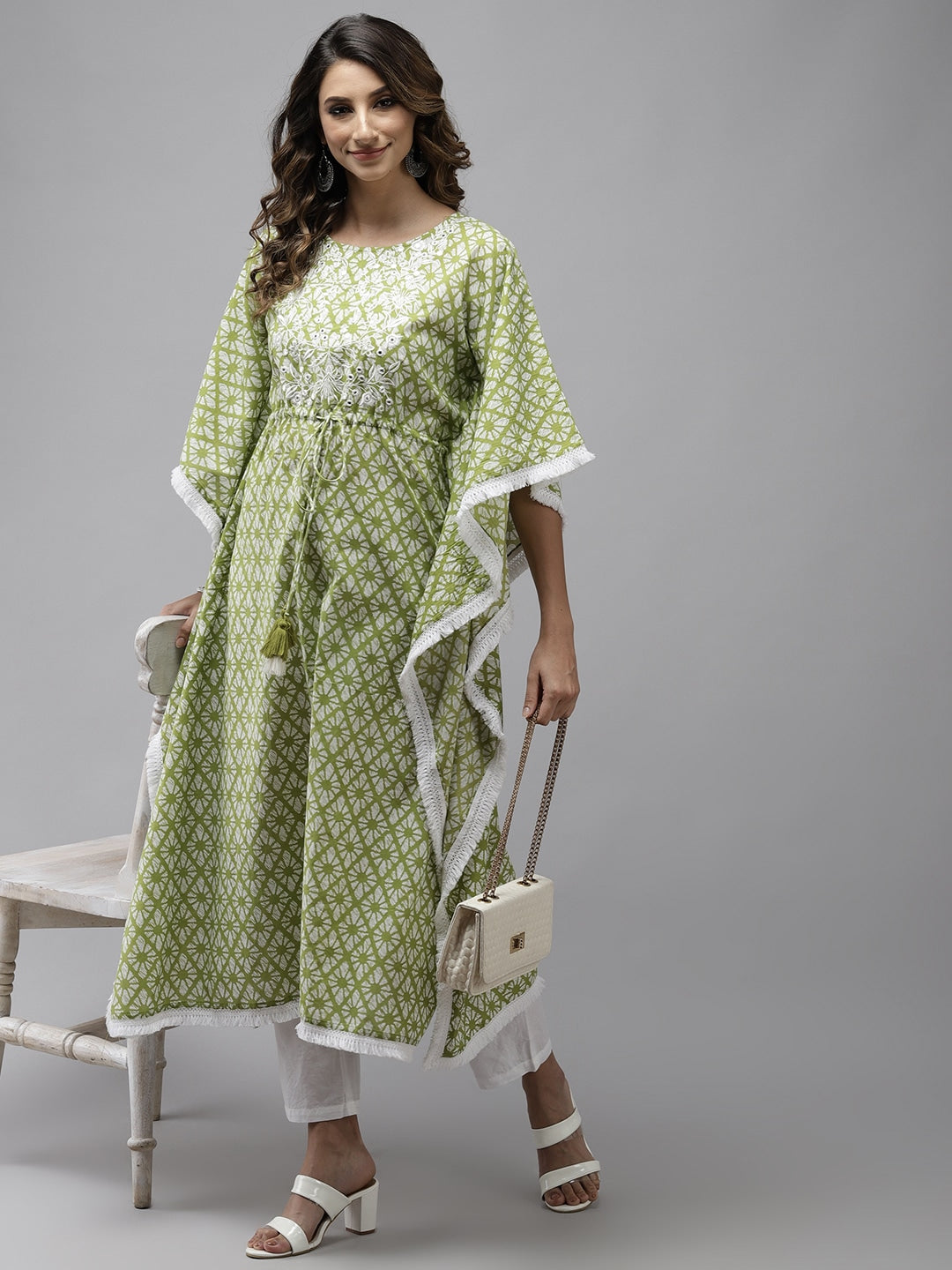 Lime Green Printed Kaftan Kurta-Yufta Store-9322KFTGRS