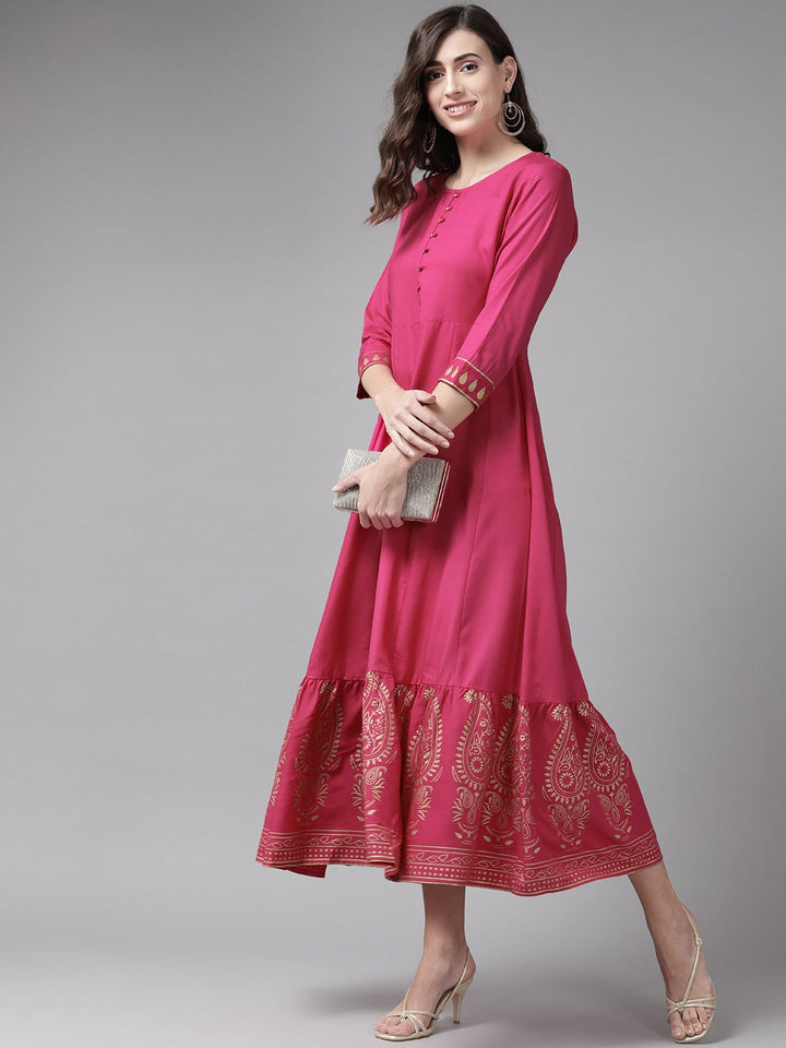 Magenta Ethnic Motifs Ethnic Maxi Dress-Yufta Store-9387DRSPKS