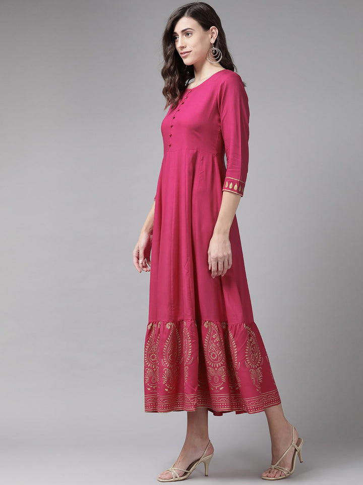 Magenta Ethnic Motifs Ethnic Maxi Dress-Yufta Store-9387DRSPKS