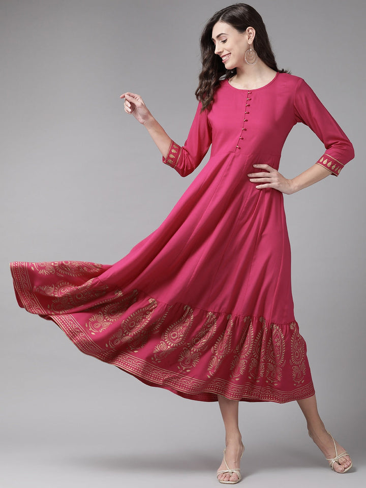 Magenta Ethnic Motifs Ethnic Maxi Dress-Yufta Store-9387DRSPKS