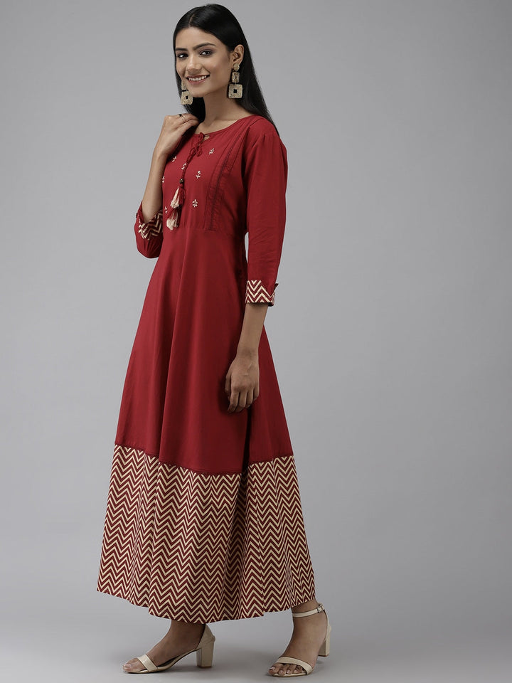 Maroon A-Line Solid Kurta-Yufta Store-7677KURMRS