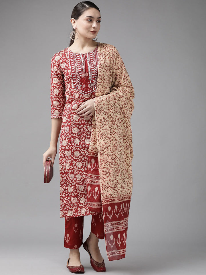 Maroon & Beige Printed Dupatta Set-Yufta Store-9465SKDMRS