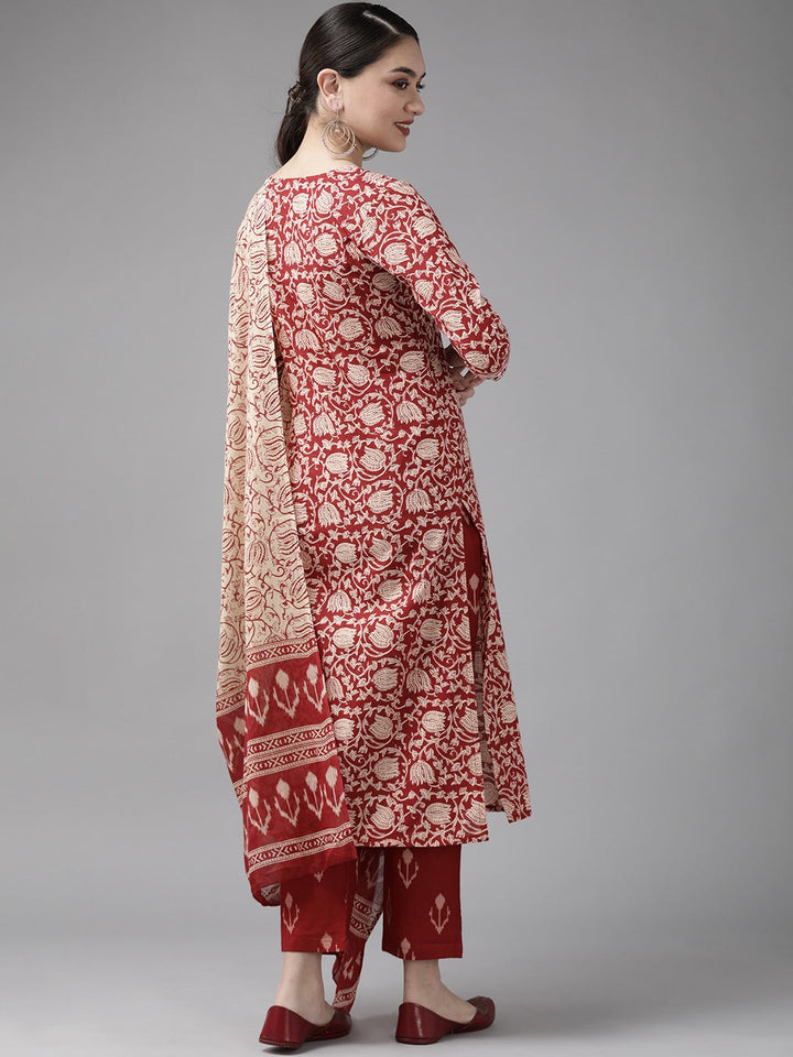 Maroon & Beige Printed Dupatta Set-Yufta Store-9465SKDMRS