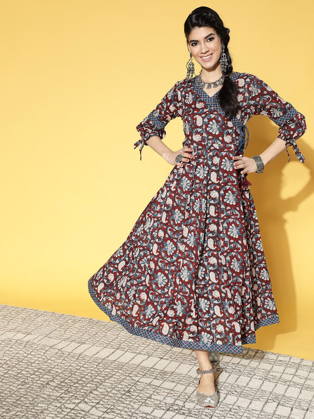 Maroon & Blue Ethnic Maxi Dress-Yufta Store-7751KURMRS