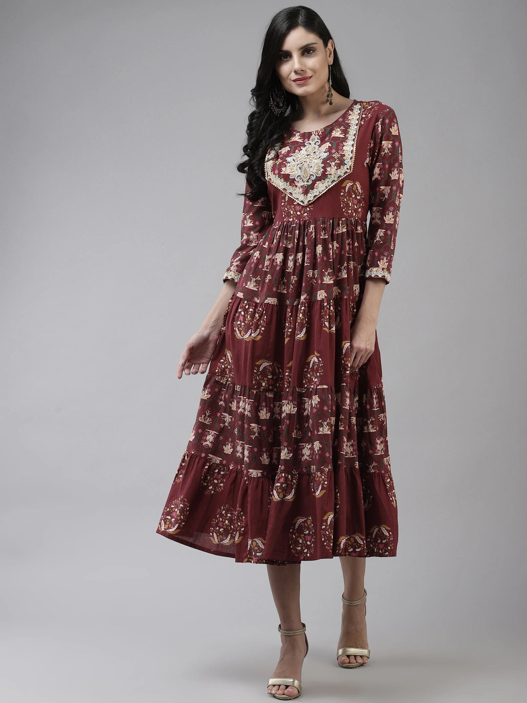 Maroon Cotton Ethnic Midi Dress