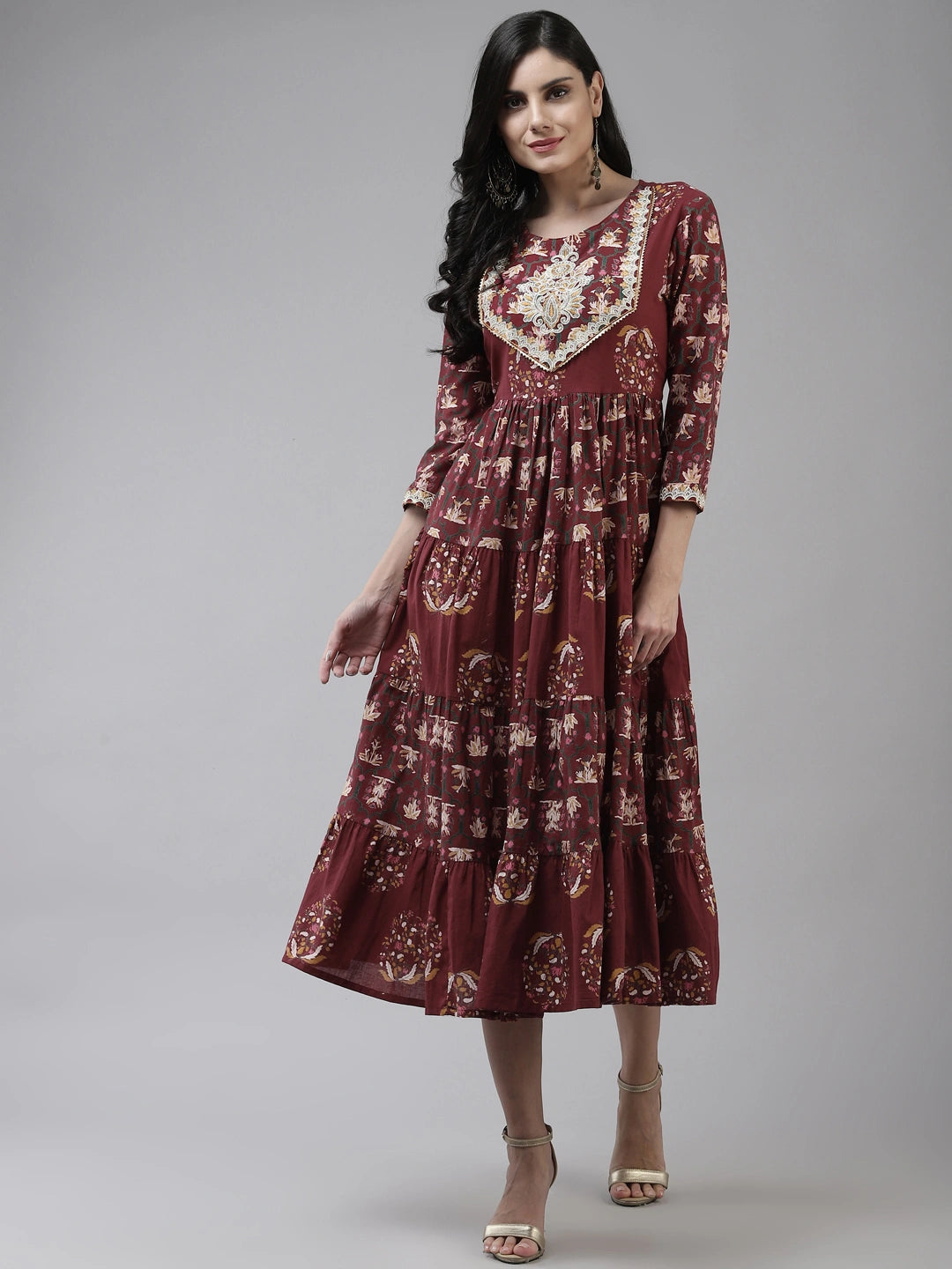 Maroon Cotton Ethnic Midi Dress-Yufta Store-2034DRSMRM