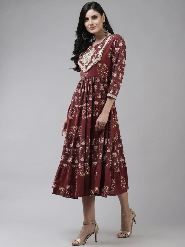 Maroon Cotton Ethnic Midi Dress