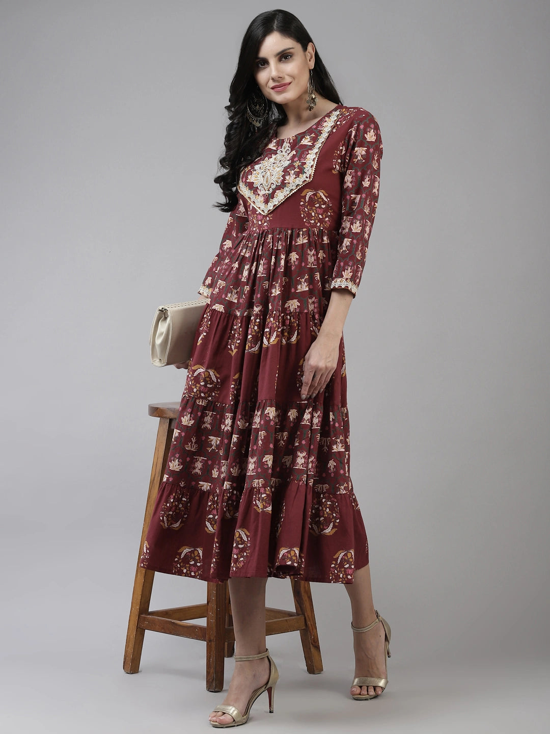 Maroon Cotton Ethnic Midi Dress-Yufta Store-2034DRSMRM