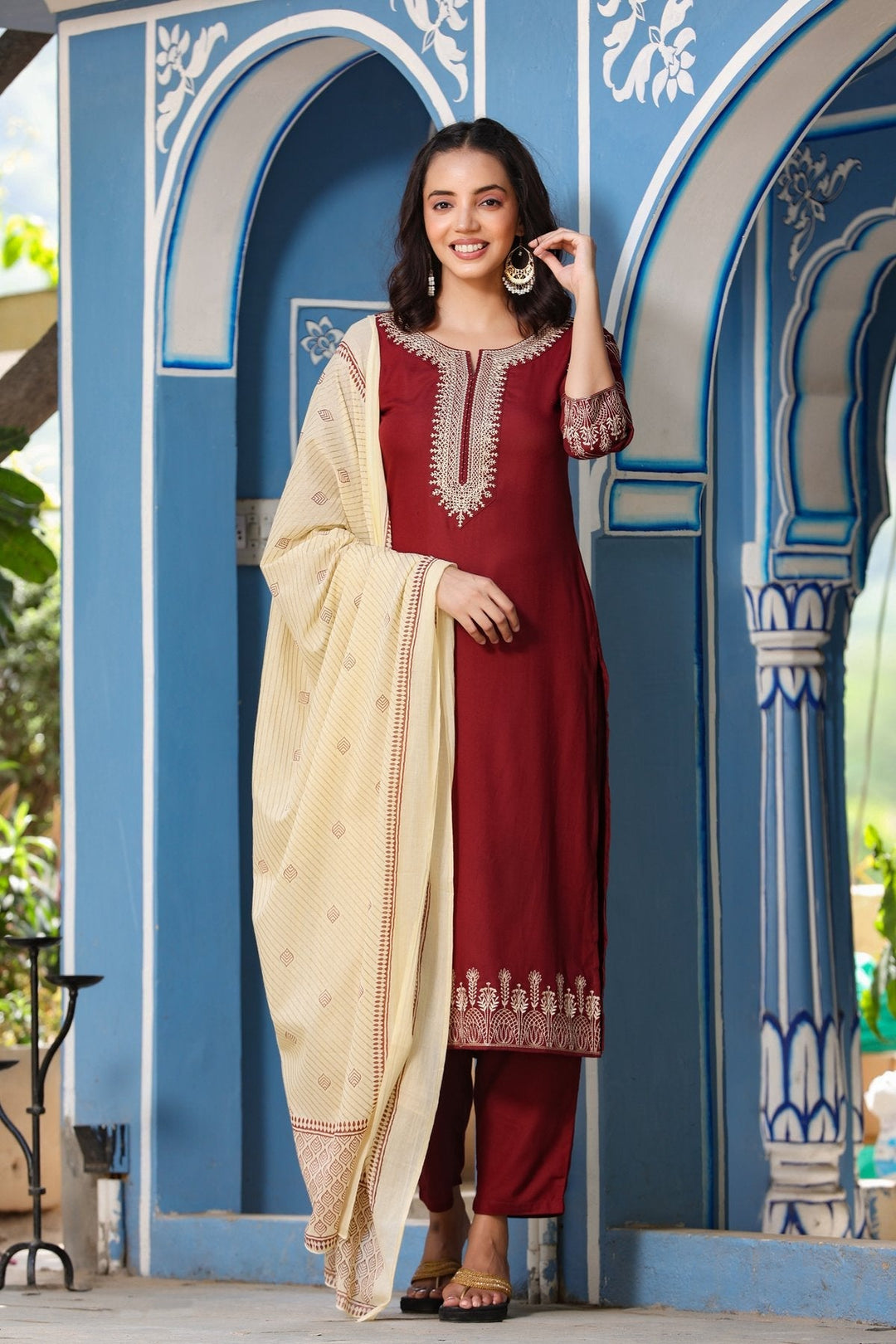 Maroon & Cream Embroidered Dupatta Set-Yufta Store-9088SKDMRS