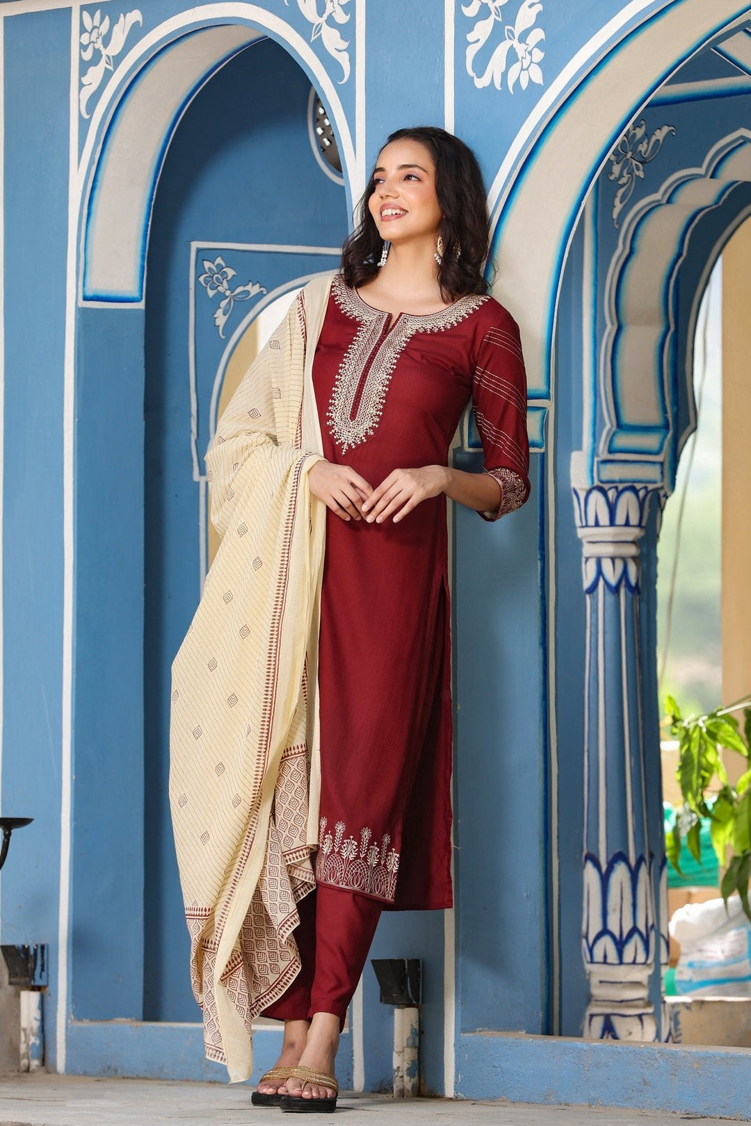 Maroon & Cream Embroidered Dupatta Set-Yufta Store-9088SKDMRS