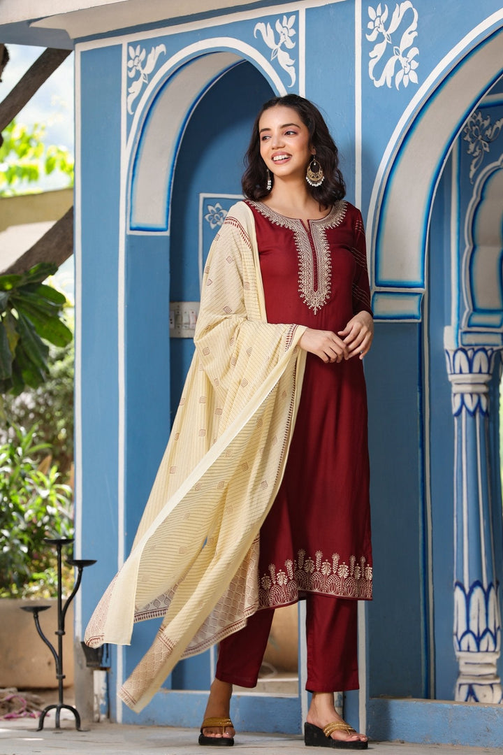 Maroon & Cream Embroidered Dupatta Set-Yufta Store-9088SKDMRS