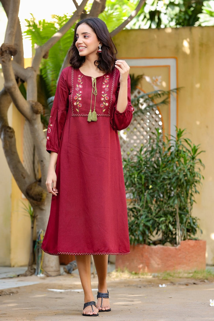 Maroon Embroidered Dress-Yufta Store-9230DRSMRS