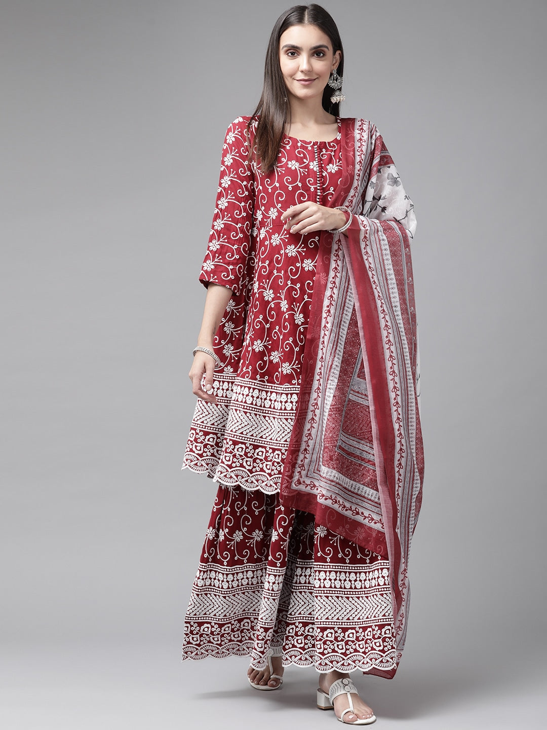 Maroon Embroidered Dupatta Set-Yufta Store-2357SKDMRM