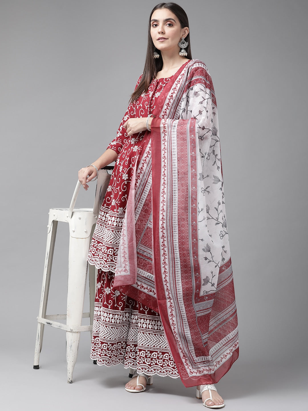 Maroon Embroidered Dupatta Set-Yufta Store-2357SKDMRM