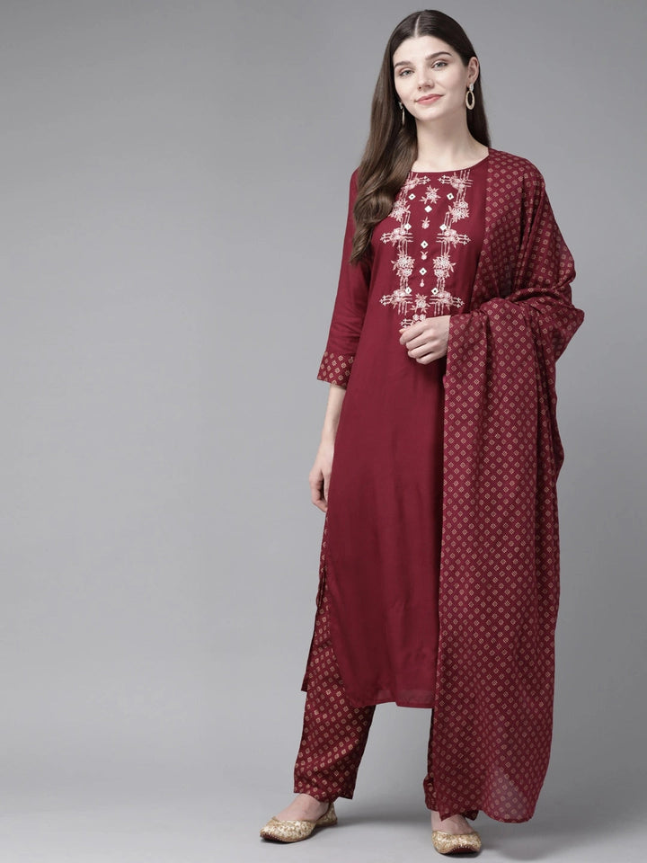 Maroon Embroidered Dupatta Set-Yufta Store-7493SETMRS