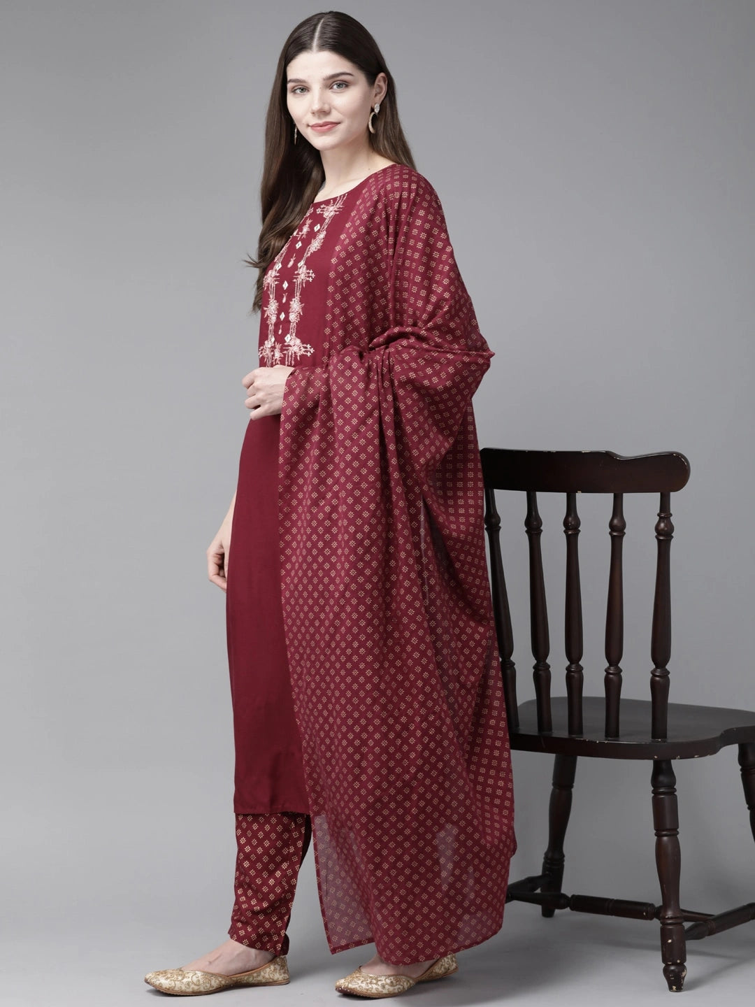 Maroon Embroidered Dupatta Set-Yufta Store-7493SETMRS