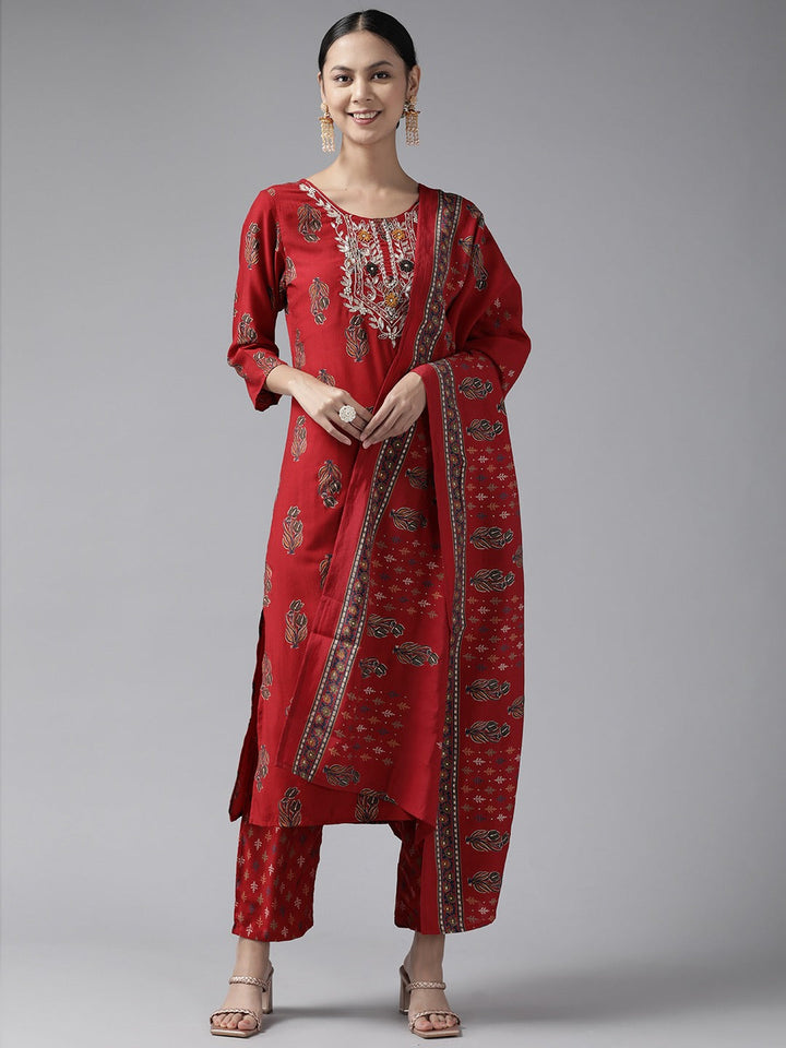 Maroon Embroidered Dupatta Set-Yufta Store-9999SKDMRS