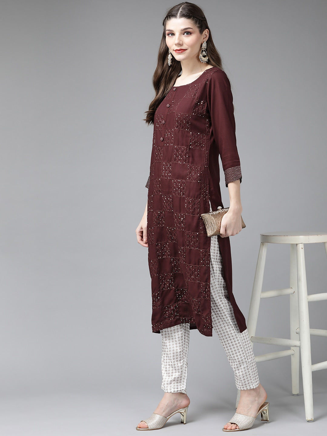 Maroon Embroidered Kurta Set-Yufta Store-2743SETMRM