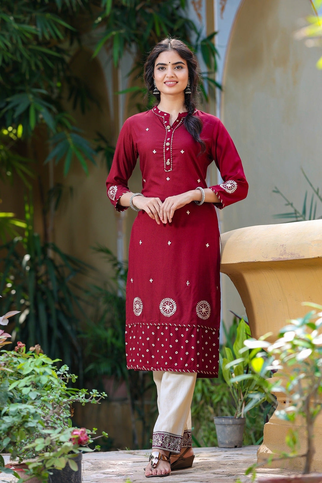 Maroon Embroidered Kurta-Yufta Store-3205KUMRM