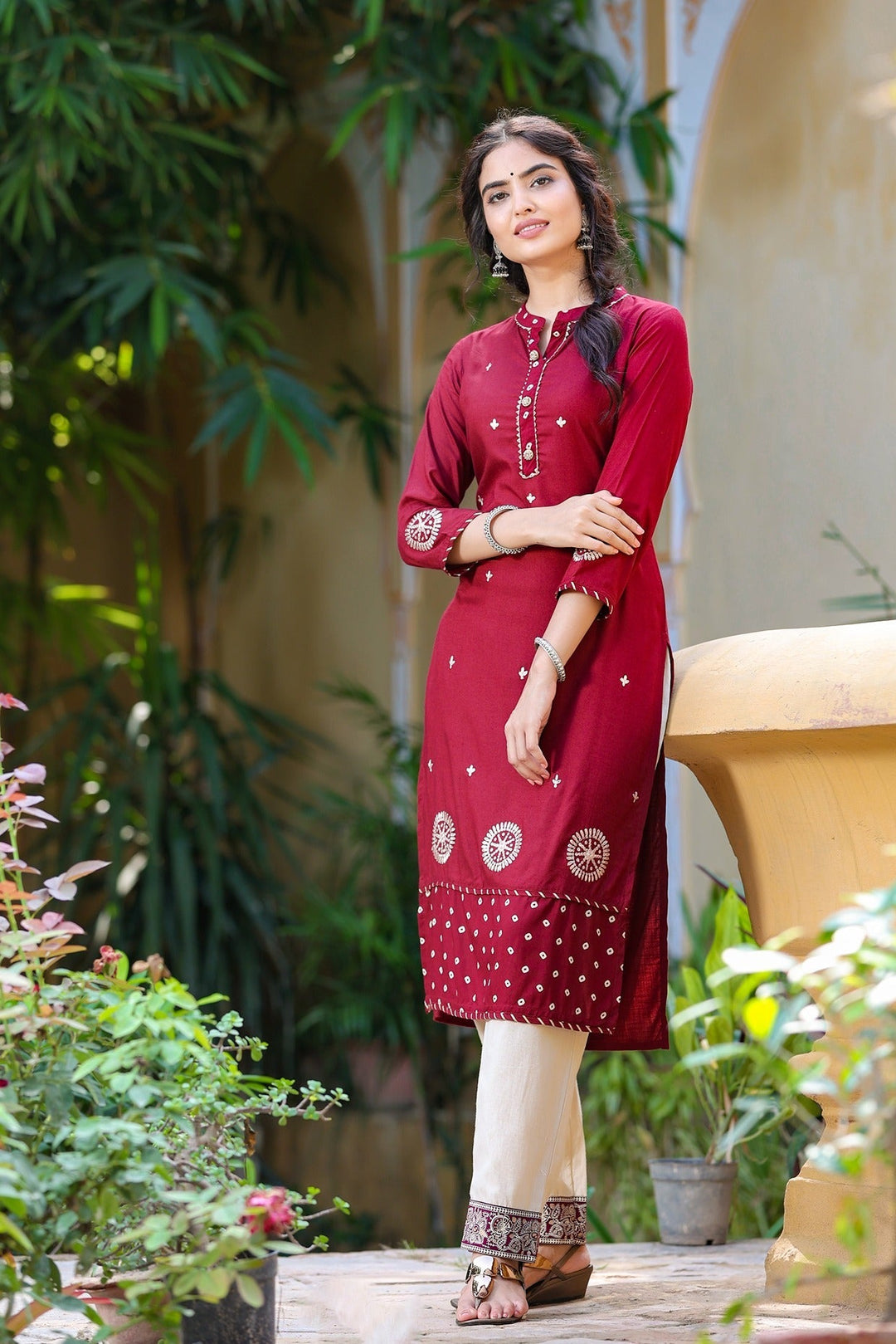 Maroon Embroidered Kurta-Yufta Store-3205KUMRM