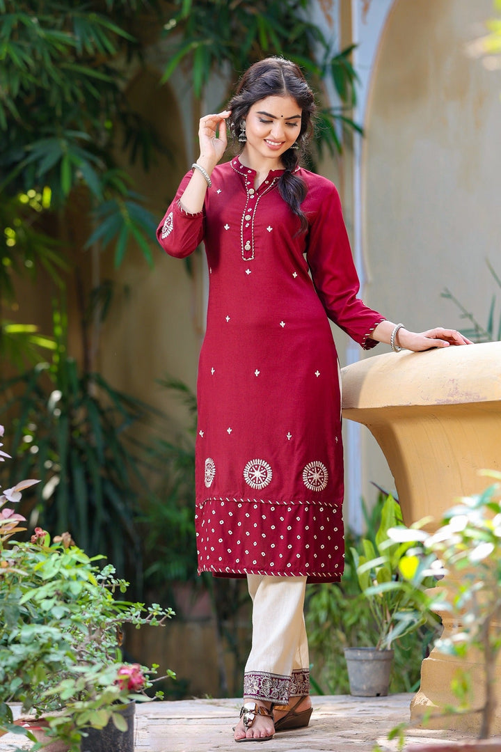 Maroon Embroidered Kurta-Yufta Store-3205KUMRM