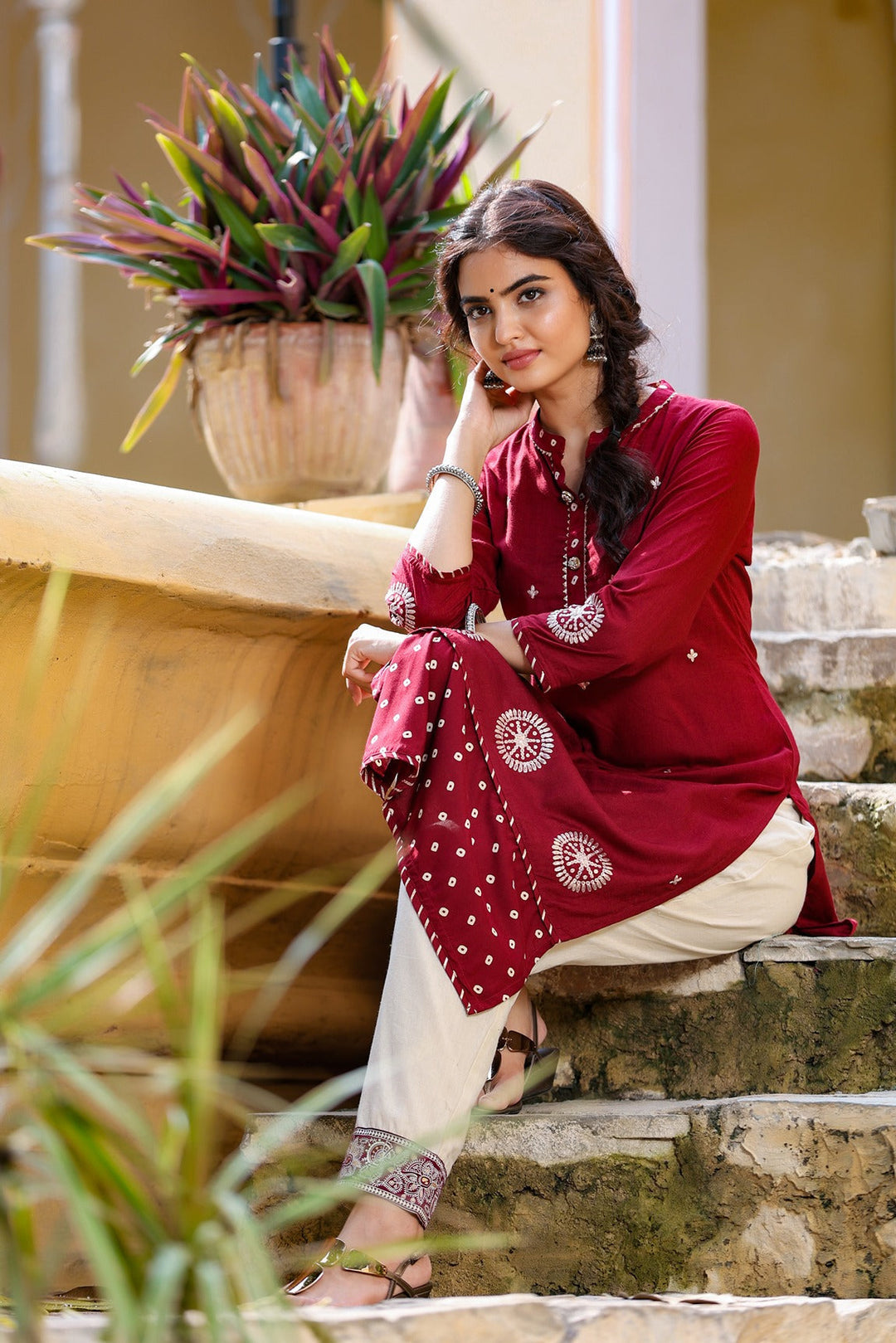 Maroon Embroidered Kurta-Yufta Store-3205KUMRM