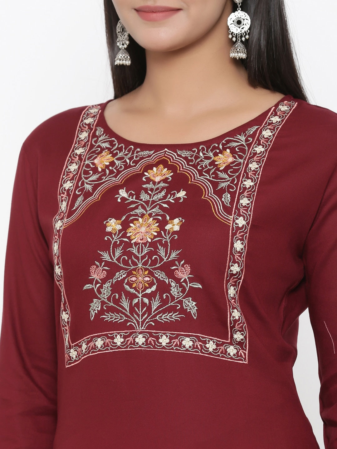 Maroon Embroidered Kurta-Yufta Store-7496KURMRS