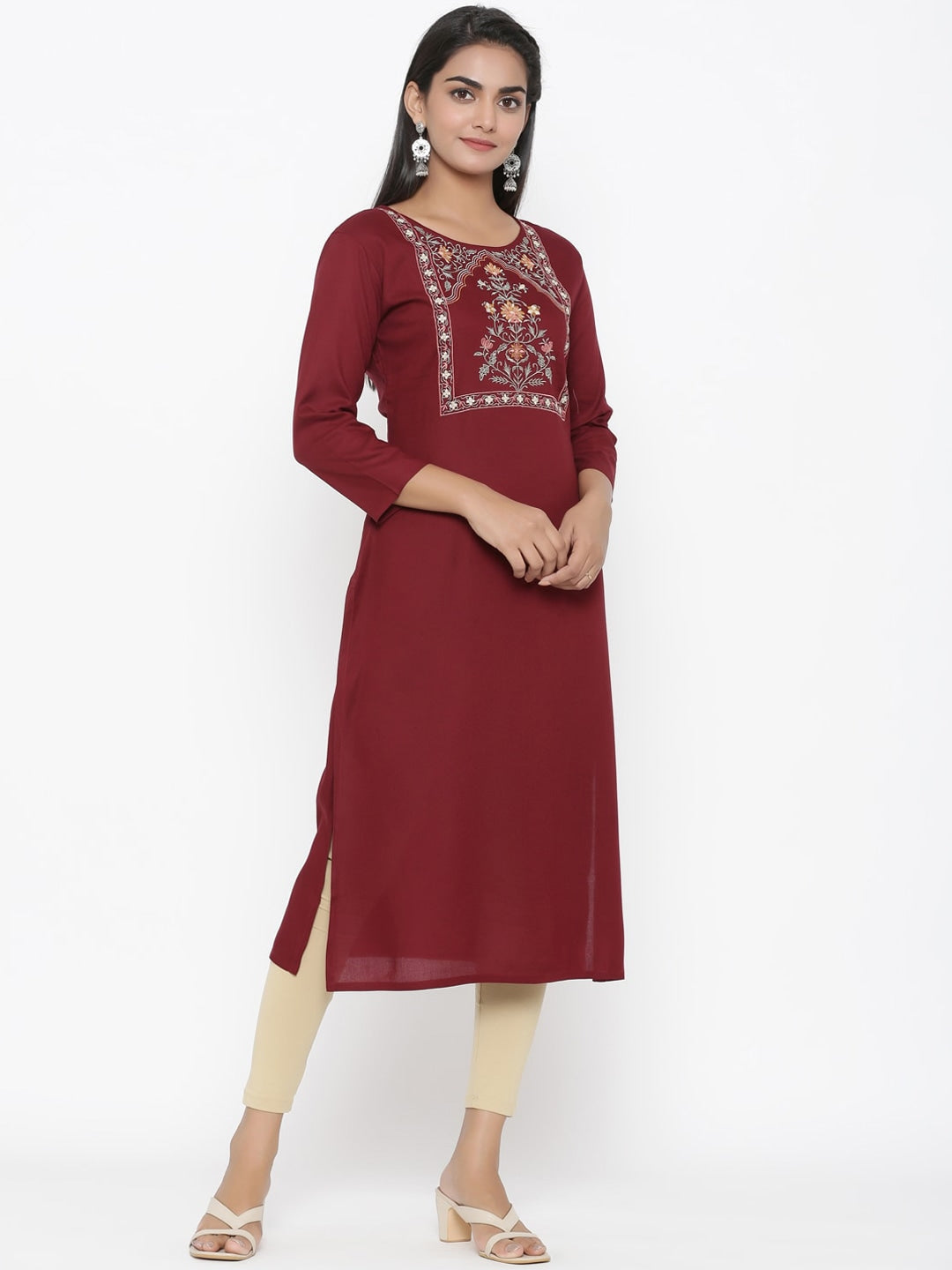 Maroon Embroidered Kurta-Yufta Store-7496KURMRS