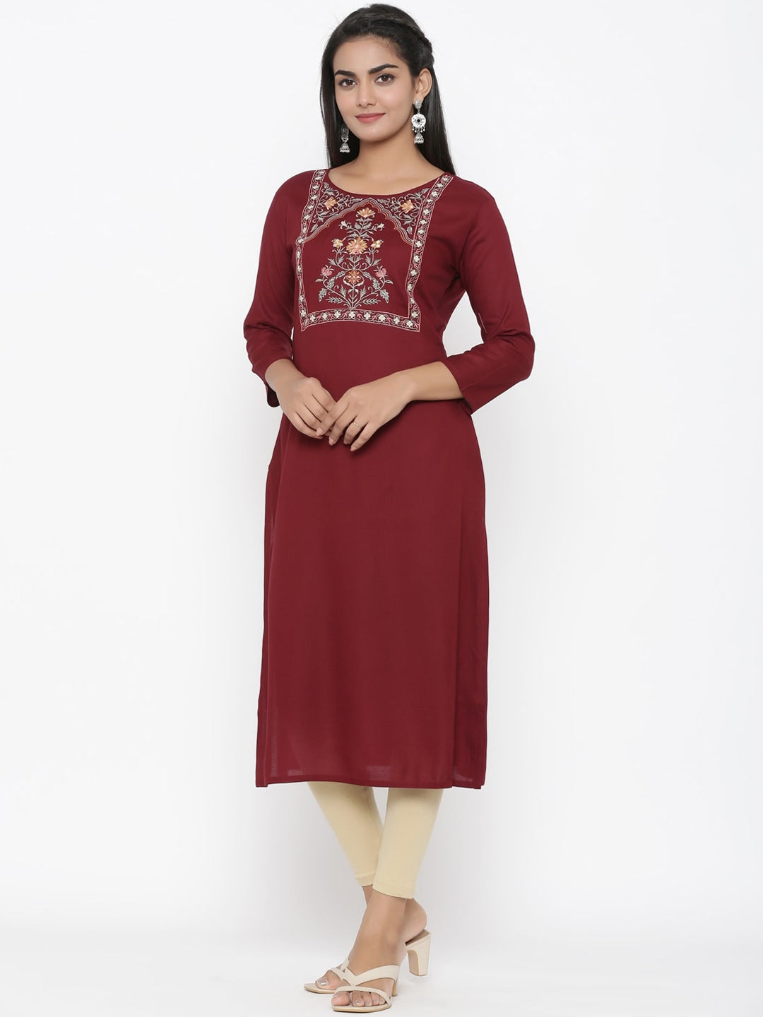 Maroon Embroidered Kurta-Yufta Store-7496KURMRS