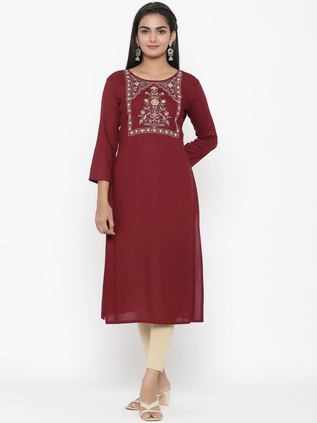 Maroon Embroidered Kurta-Yufta Store-7496KURMRS