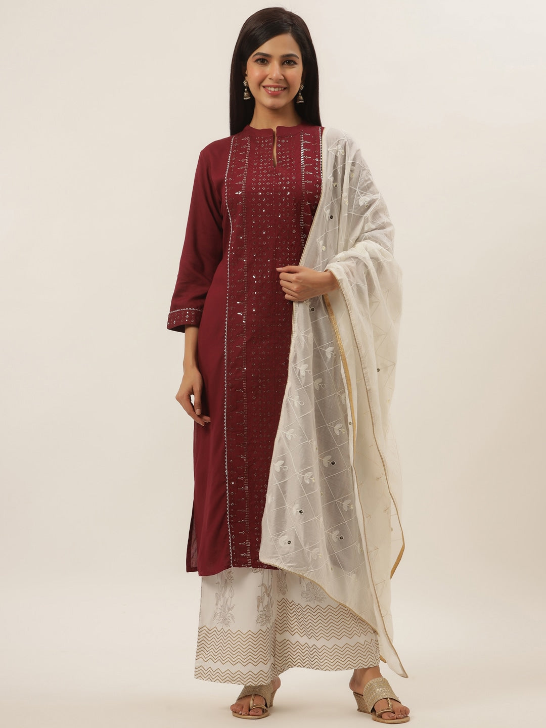 Maroon Ethnic Motifs Dupatta Set-Yufta Store-5138SKDMRM