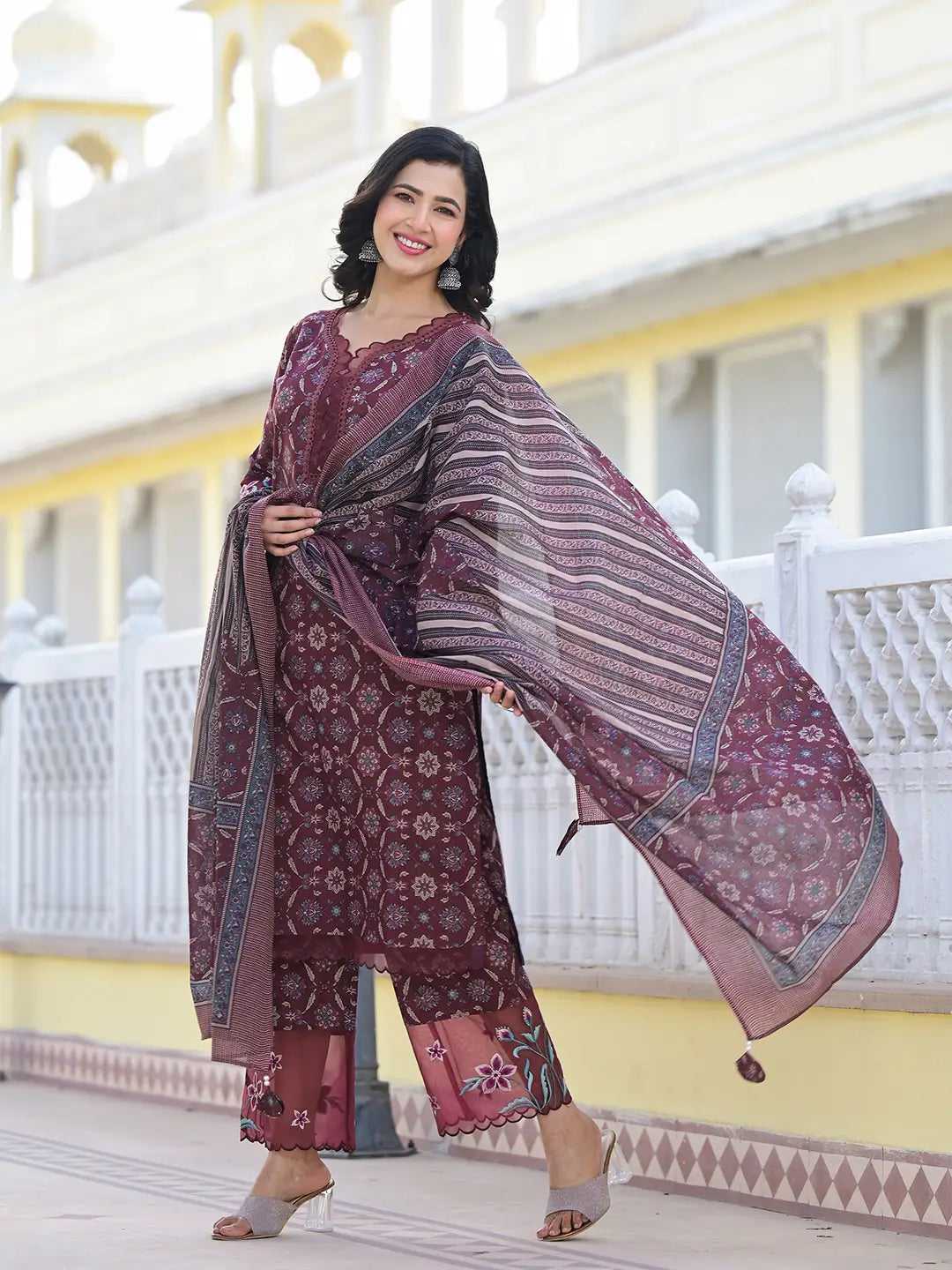 Maroon Ethnic Motifs Pakistani Style Kurta Trouser And Dupatta Set-Yufta Store-6888SKDMRM