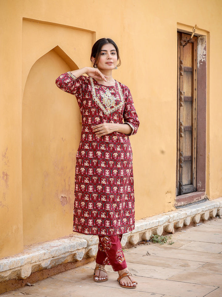 Maroon Ethnic Motifs Printed Kurta Set-Yufta Store-2035SETMRS