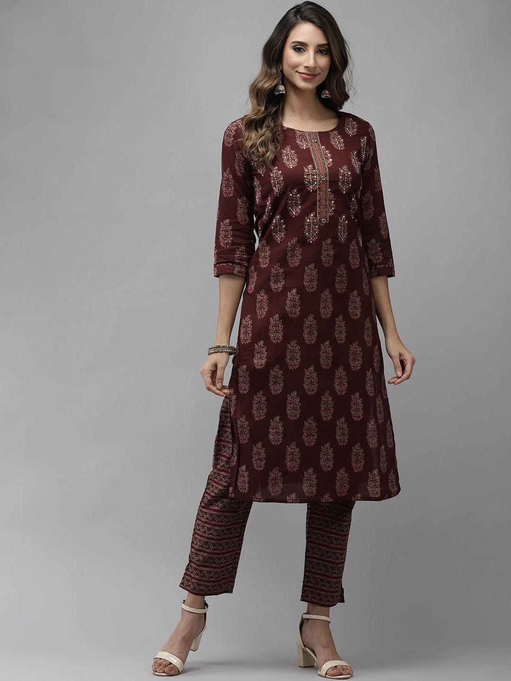 Maroon Ethnic Motifs Printed Kurta Set-Yufta Store-4707SETMRS