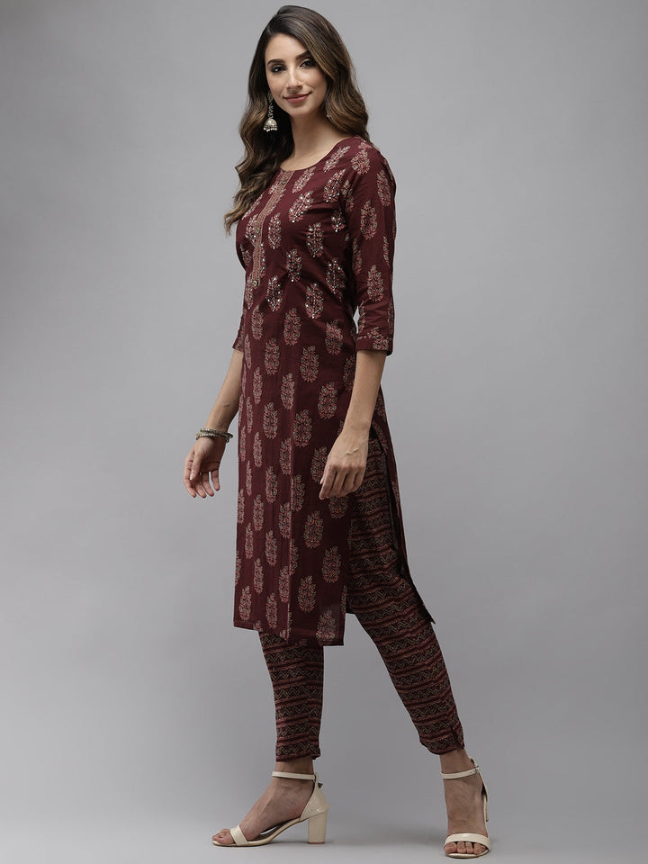 Maroon Ethnic Motifs Printed Kurta Set-Yufta Store-4707SETMRS