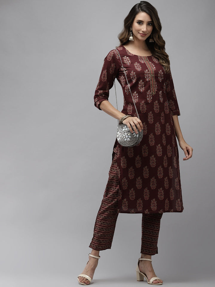 Maroon Ethnic Motifs Printed Kurta Set-Yufta Store-4707SETMRS