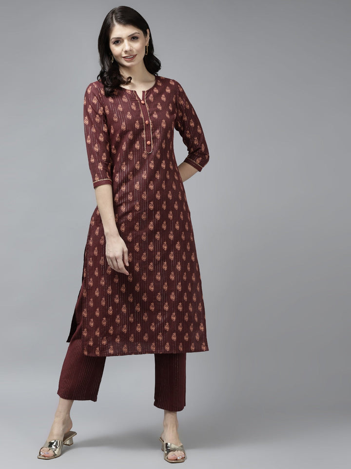 Maroon Ethnic Motifs Printed Kurta Set-Yufta Store-9730SETBRS