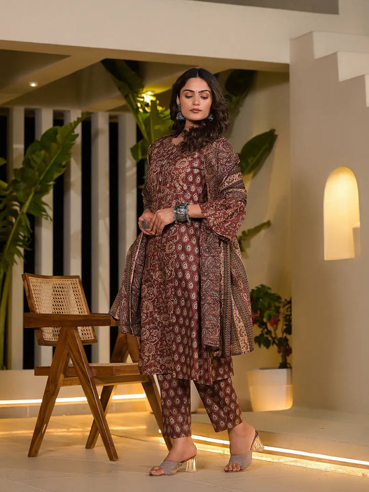 Maroon Ethnic Motifs Pure Cotton A-Line Kurta With Trousers And Dupatta Set-Yufta Store-1013SKDMRS