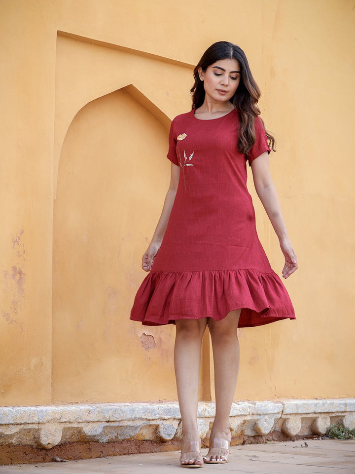 Maroon Floral Embroidered A-Line Midi Dress-Yufta Store-9851DRSMRS