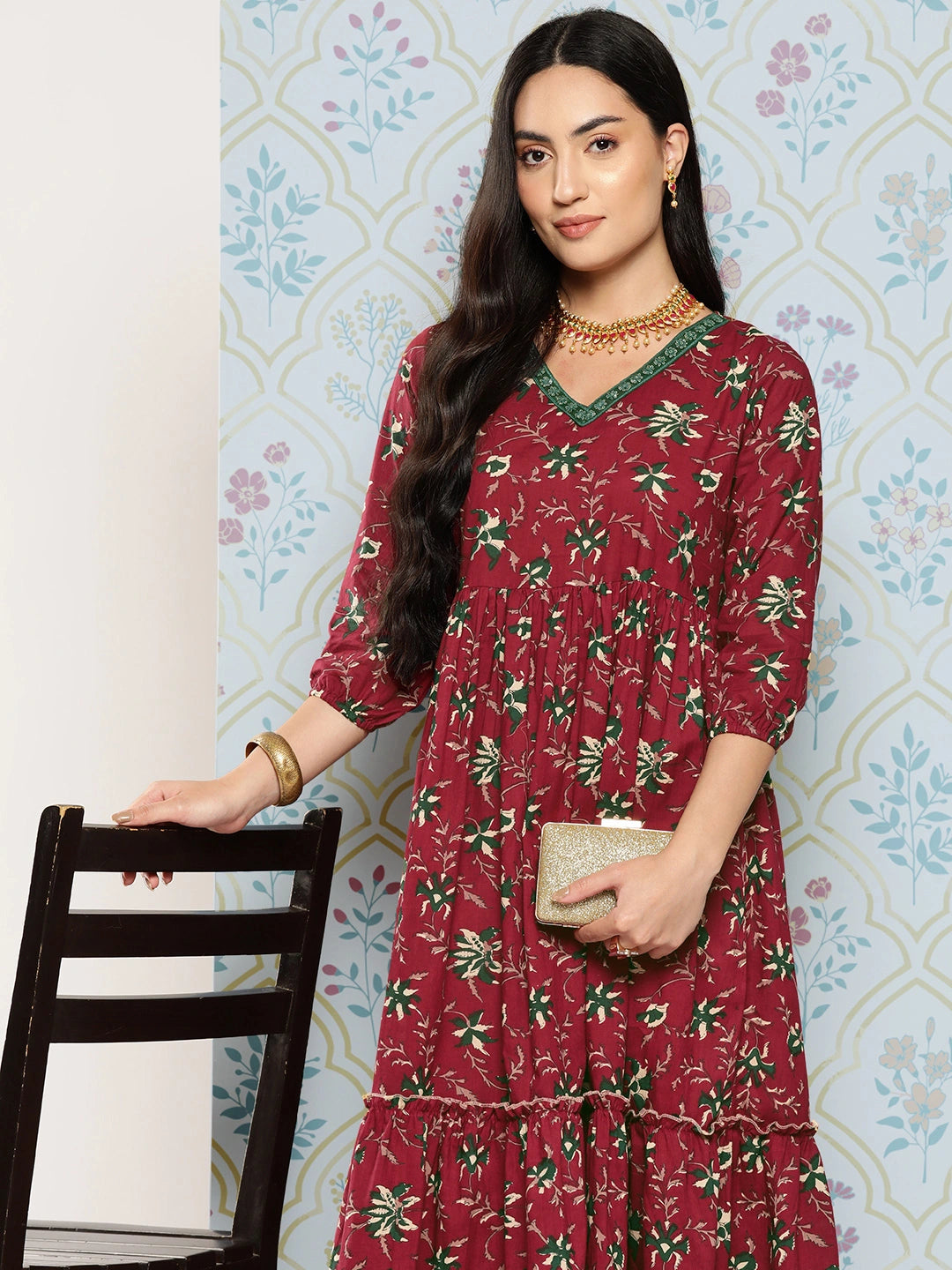 Maroon Floral Embroidered Fit & Flare Cotton Maxi Dress-Yufta Store-1144DRSMRS