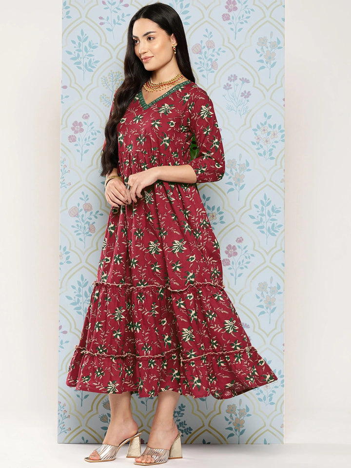 Maroon Floral Embroidered Fit & Flare Cotton Maxi Dress-Yufta Store-1144DRSMRS