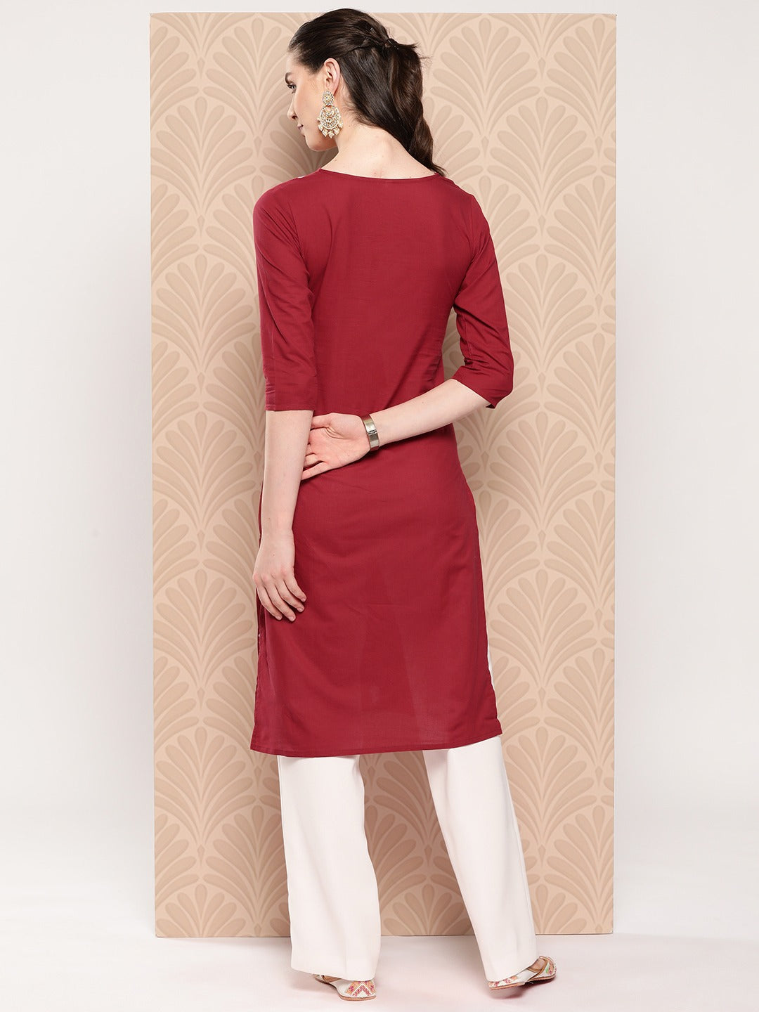 Maroon Floral Embroidered Pure Cotton Kurta-Yufta Store-1497KURMRS