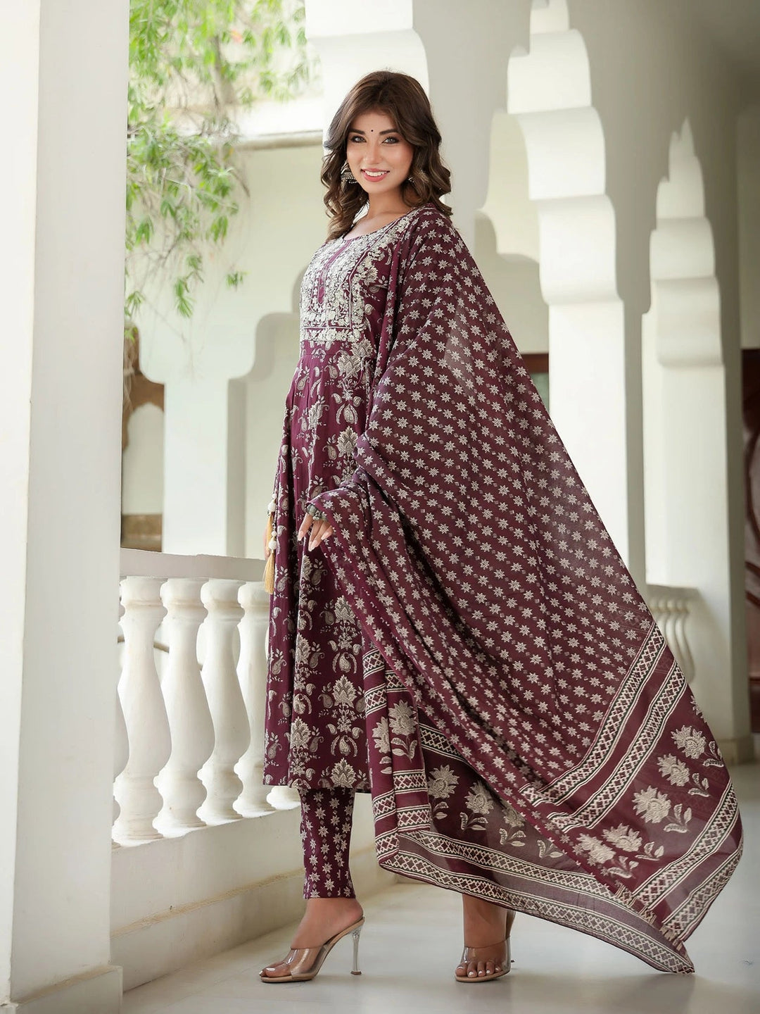 Maroon Floral Embroidered Regular Thread Work Pure Cotton Kurta with Trousers & With Dupatta-Yufta Store-1587SKDMRS