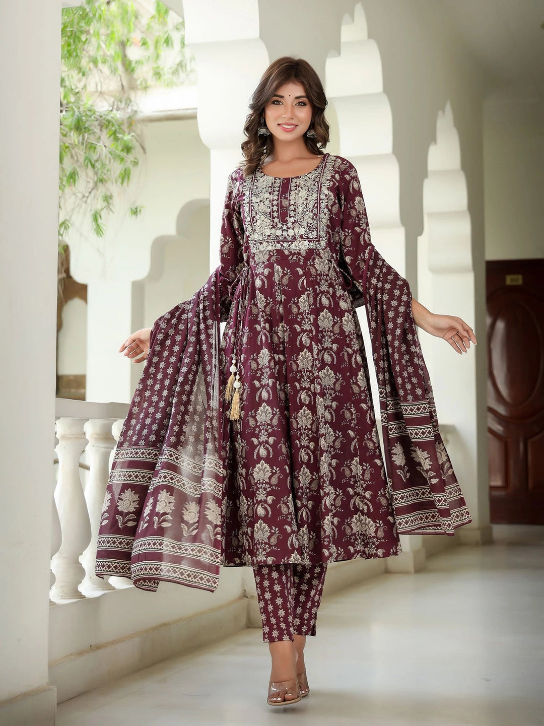 Maroon Floral Embroidered Regular Thread Work Pure Cotton Kurta with Trousers & With Dupatta-Yufta Store-1587SKDMRS