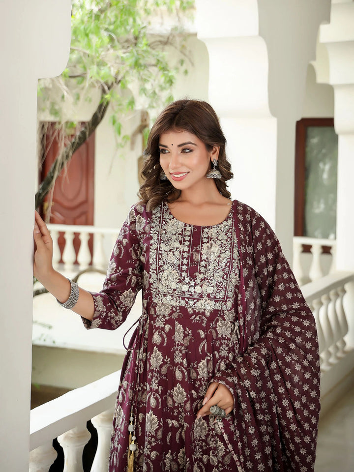 Maroon Floral Embroidered Regular Thread Work Pure Cotton Kurta with Trousers & With Dupatta-Yufta Store-1587SKDMRS