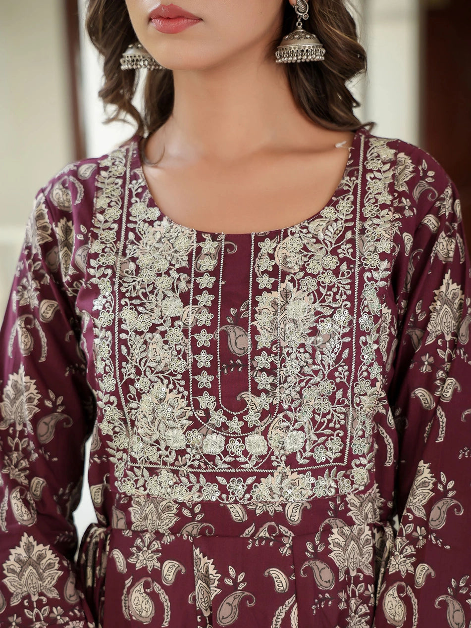 Maroon Floral Embroidered Regular Thread Work Pure Cotton Kurta with Trousers & With Dupatta-Yufta Store-1587SKDMRS