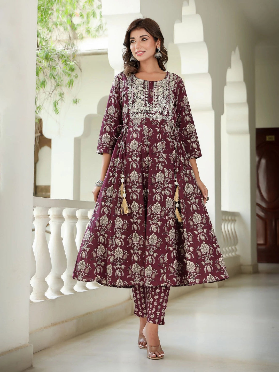 Maroon Floral Embroidered Regular Thread Work Pure Cotton Kurta with Trousers & With Dupatta-Yufta Store-1587SKDMRS